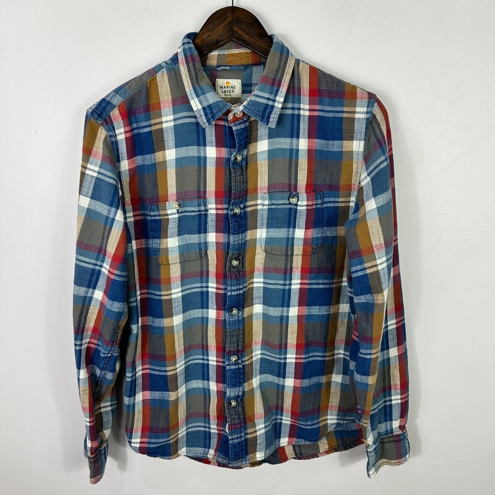 Marine Layer Plaid Button Down Shirt Mens Medium Blue Long Sleeve Preppy Layer